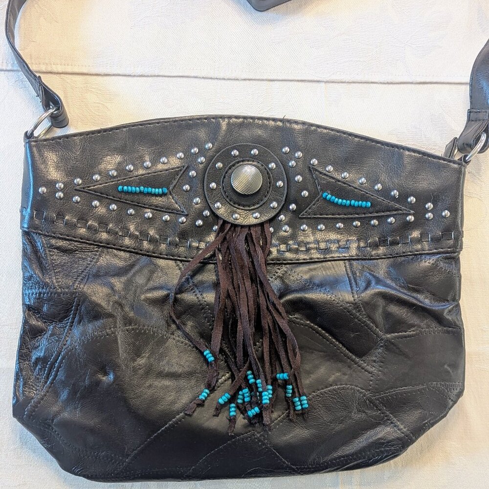 VTG Lisette Brown Leather Studded Western Fringe Purse Turquoise Beaded Hobo Bag